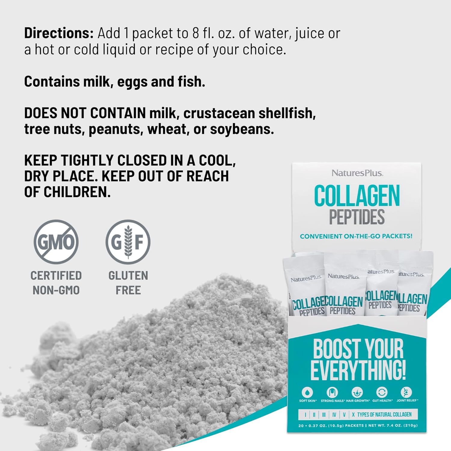 Natures Plus Collagen Peptides Stick Packets - 20 Servings for Hair, Skin, Nails, Joints & Immune System - Non-GMO & Gluten Free