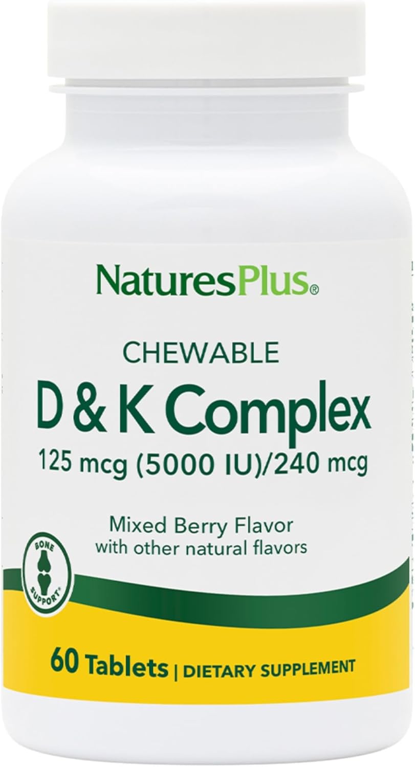 Natures Plus D & K Complex Chewables - Mixed Berry Flavor - Supports Calcium Metabolism - Vegetarian, Non-GMO - 60 Servings