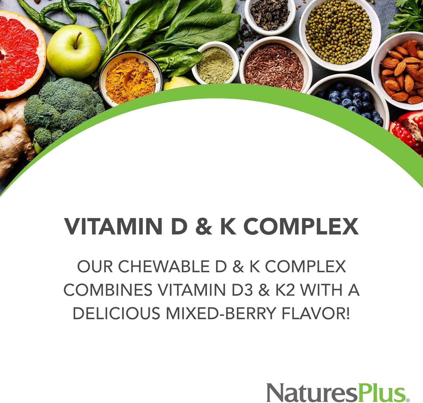 Natures Plus D & K Complex Chewables - Mixed Berry Flavor - Supports Calcium Metabolism - Vegetarian, Non-GMO - 60 Servings