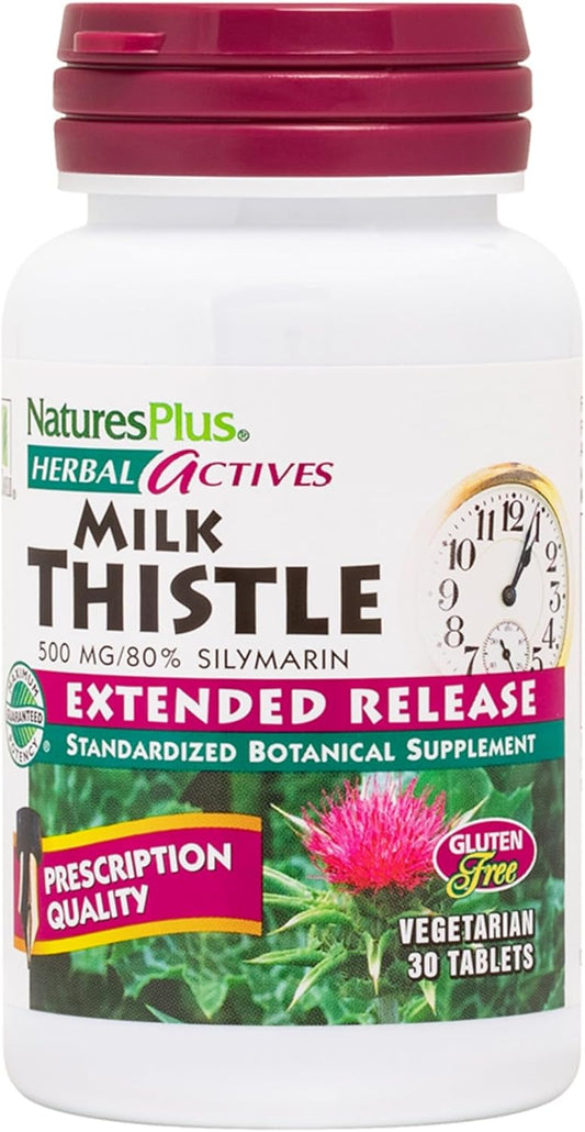 Natures Plus Herbal Actives Milk Thistle 500mg Extended Release - 80% Silymarin - 30 Vegetarian Tablets - Gluten-Free
