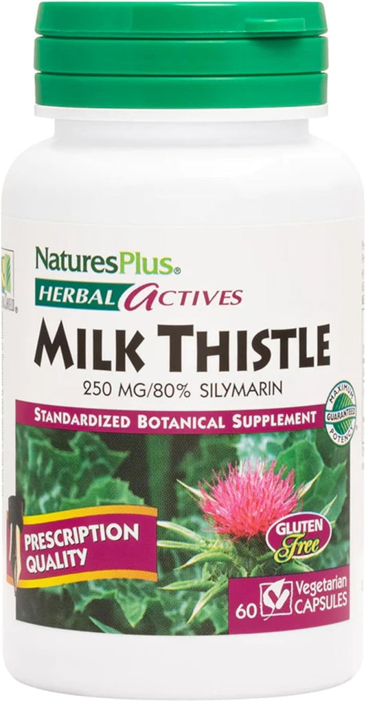Natures Plus Herbal Actives Milk Thistle Capsules - 250 mg, 80% Silymarin - Vegan & Gluten-Free - 60 Servings