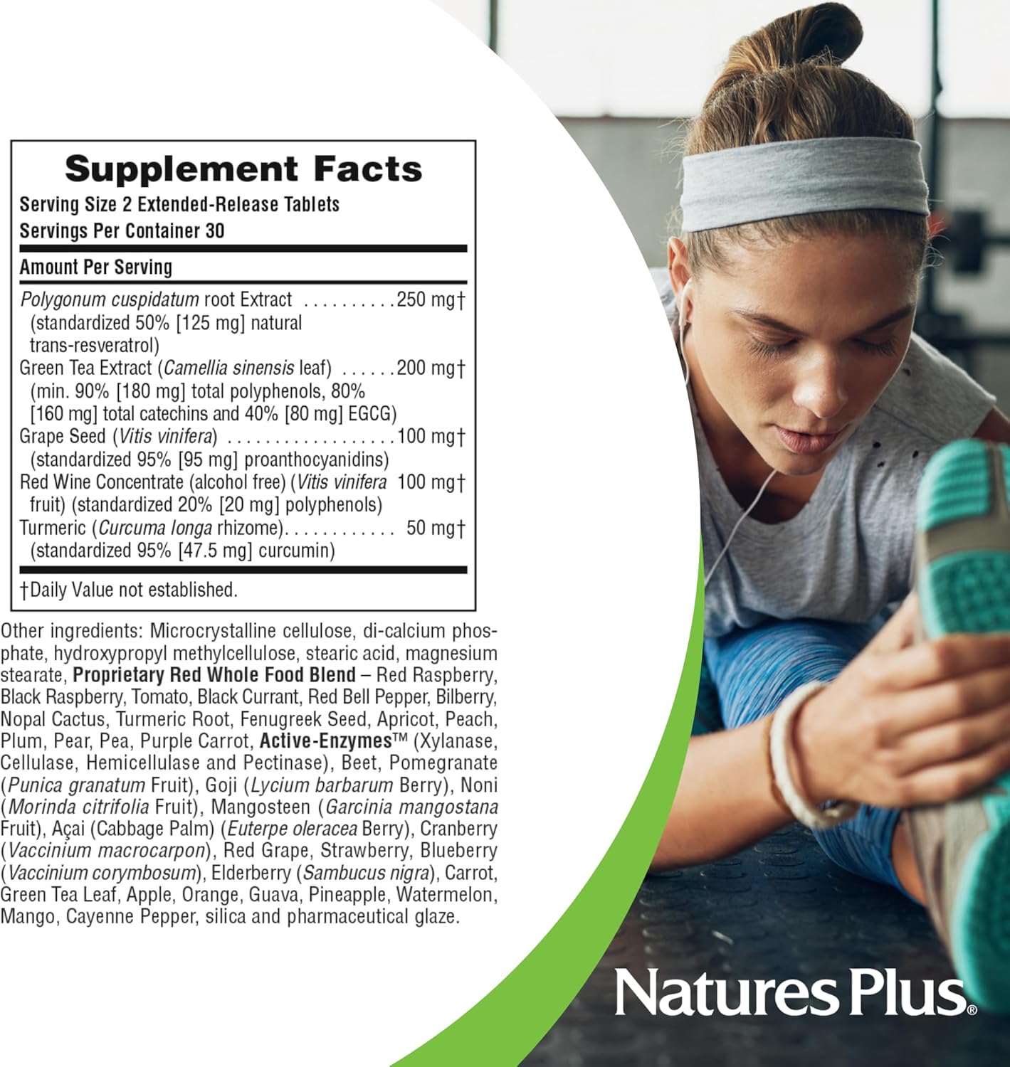 Natures Plus Herbal Actives Resveratrol 125mg Extended Release Tablets - 60 Vegetarian Capsules