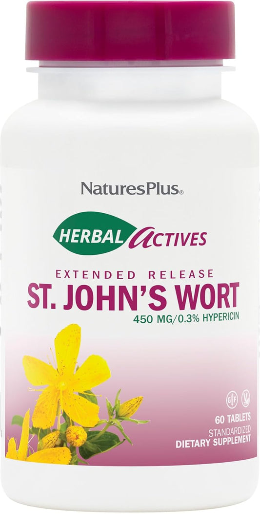 Natures Plus Herbal Actives St John's Wort Extended Release Tablets - 450mg, 60 Count - Vegan & Gluten-Free