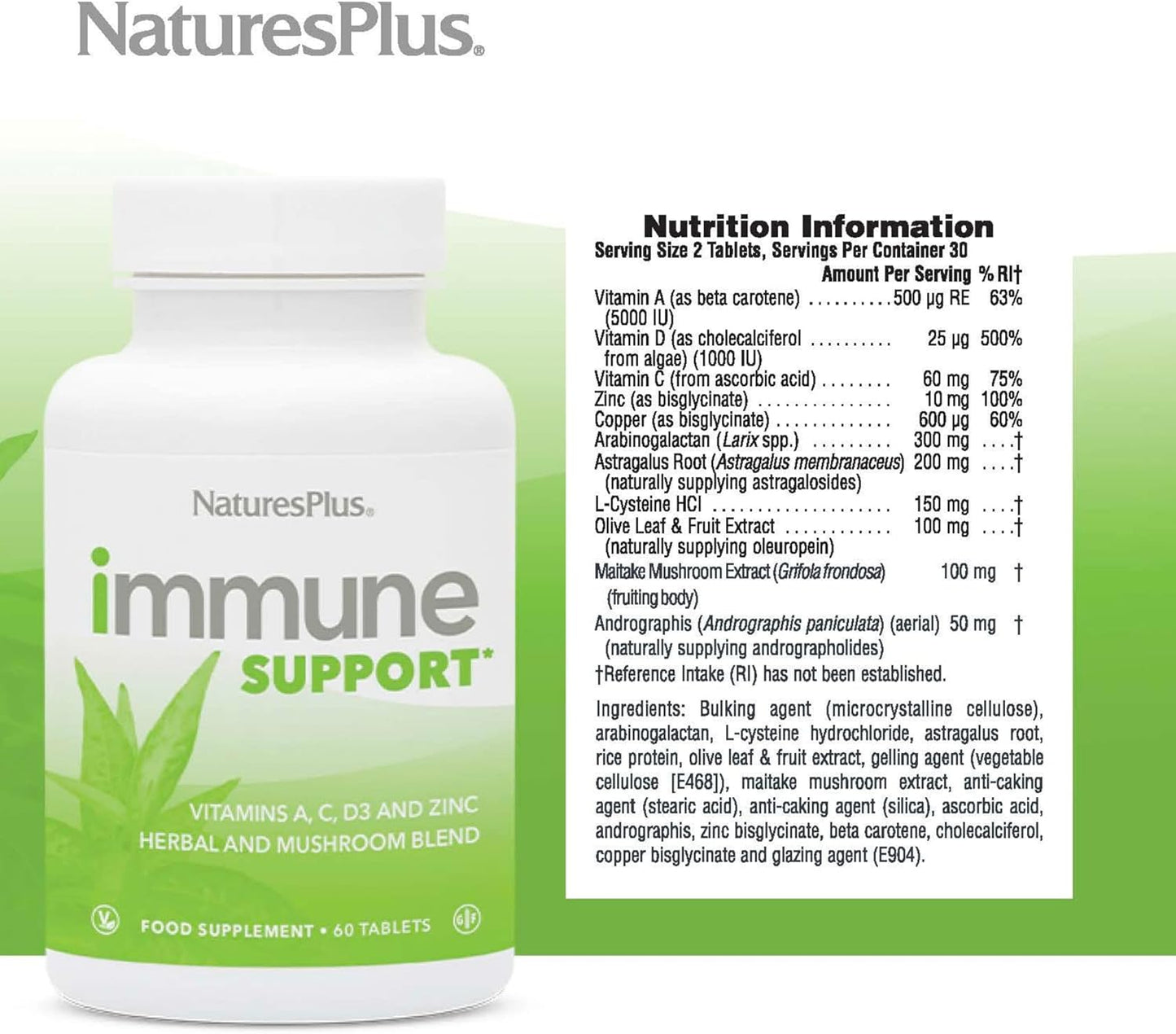 Natures Plus Immune Support Tablets - Daily Defense Complex with Vitamin A, C, D3, Zinc & Copper - Vegetarian & Gluten Free