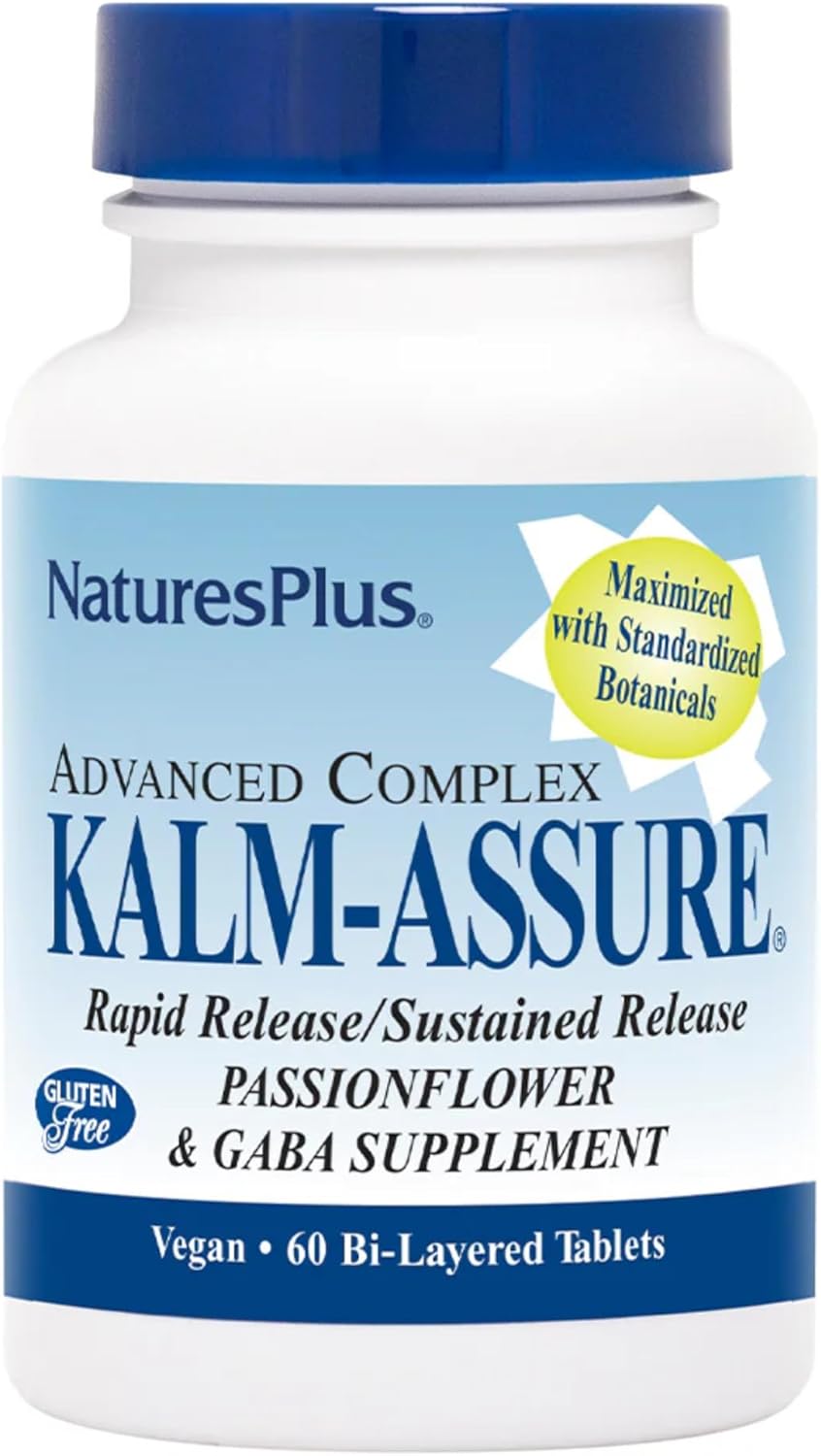 Natures Plus Kalm-Assure - 60 Bi-Layered Tablets for Relaxation with Passionflower, GABA, Chamomile, Magnesium - Gluten Free Vegan - 60 Servings
