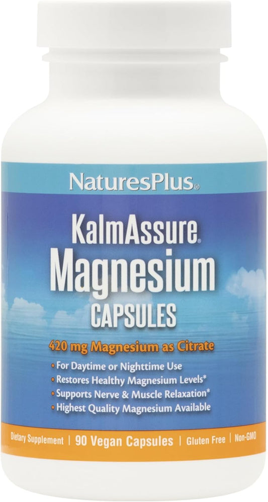 Natures Plus Kalmassure Magnesium Capsules - 400mg, 90 Vegan Capsules - Natural Stress Relief for Nerve and Muscle Relaxation - Vegetarian, Gluten-Free - 30 Servings