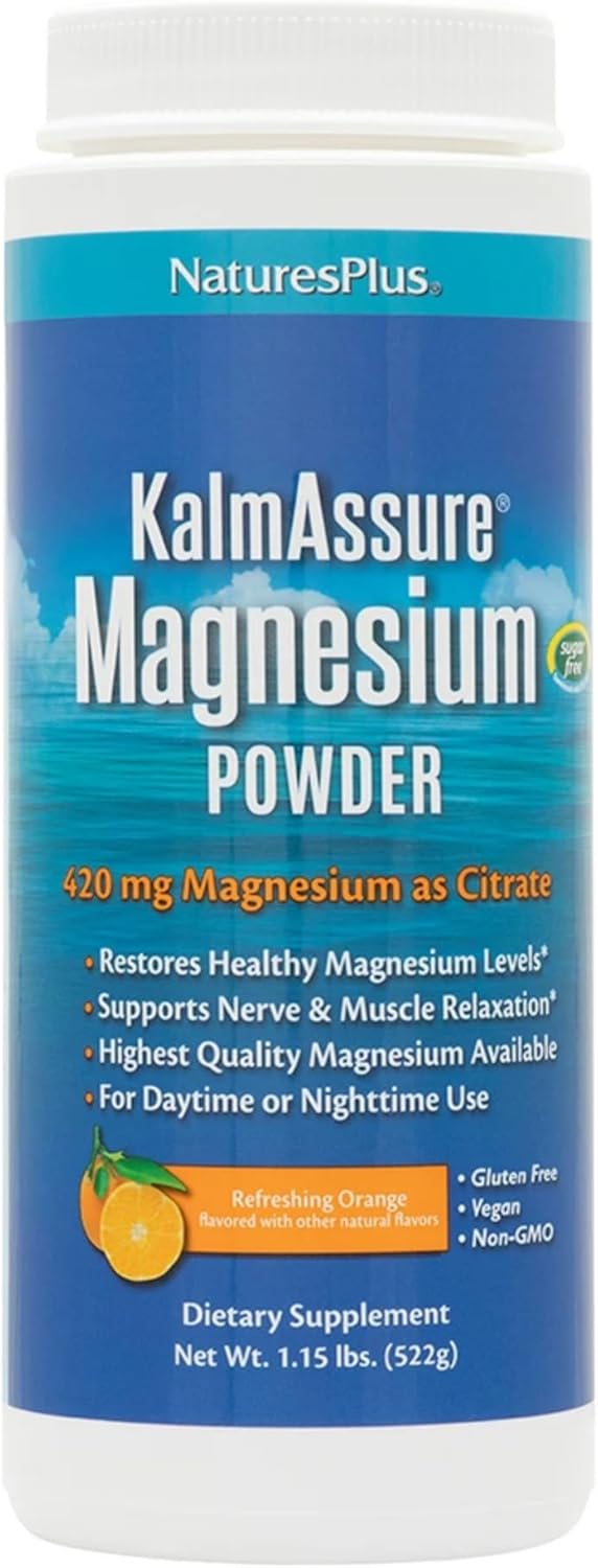 Natures Plus KalmAssure Magnesium Powder Orange Flavor - 1.15 lb - Supports Nerve & Muscle Relaxation - Non-GMO, Gluten Free, Vegan - 60 Servings