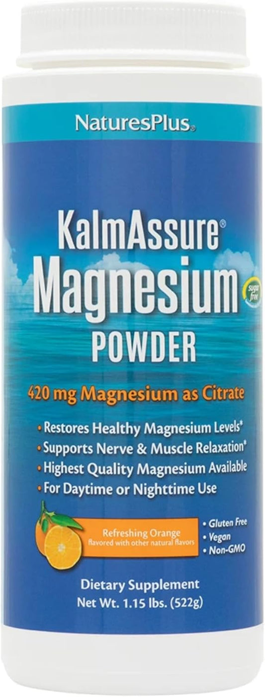 Natures Plus KalmAssure Magnesium Powder Orange Flavor - 1.15 lb - Supports Nerve & Muscle Relaxation - Non-GMO, Gluten Free, Vegan - 60 Servings