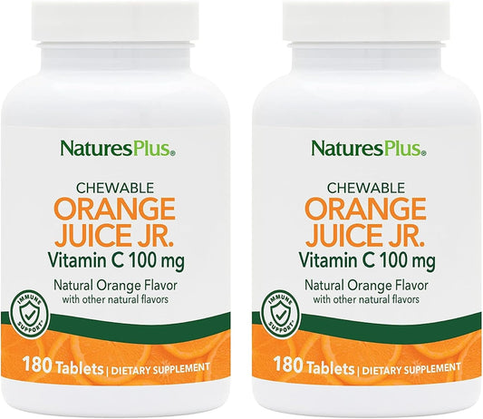 Natures Plus Orange Juice Jr. Chewable Tablets - 180 Tablets, 100mg Vitamin C - Pack of 2 - Vegetarian, Gluten Free - 360 Servings