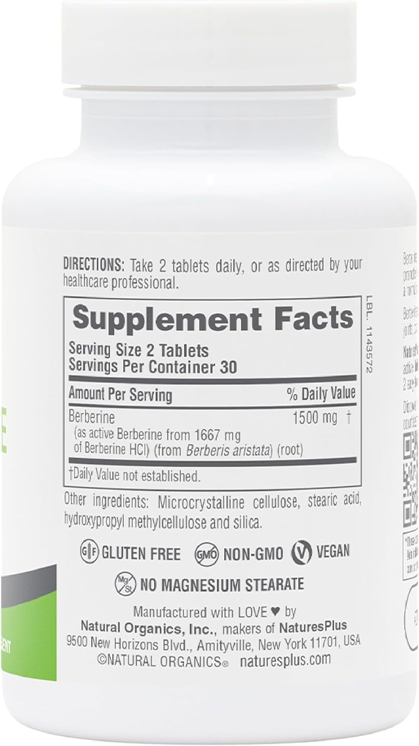 Natures Plus PRO Berberine 1500 mg Tablets - Boosts Metabolism - Non-GMO, Vegan, Gluten Free - 30 Servings