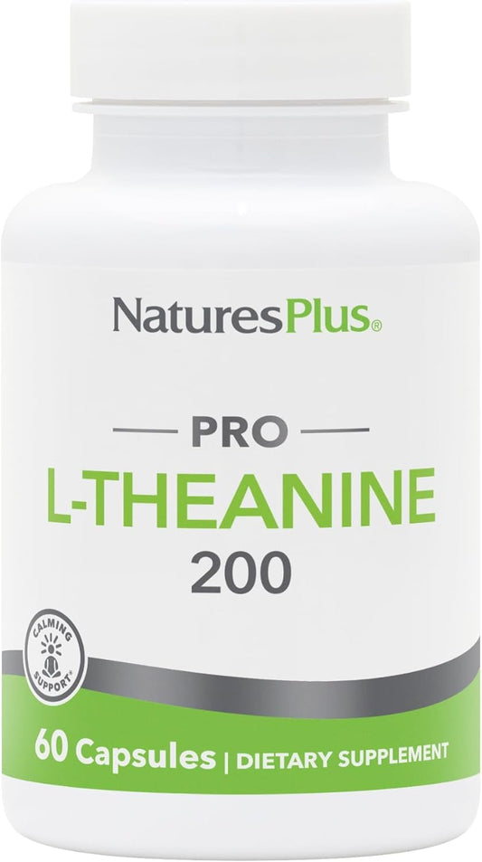 Natures Plus PRO L-Theanine Capsules - Promotes Calm Alertness, Healthy Relaxation & Rest - Non-GMO, Vegan, Gluten Free - 60 Servings