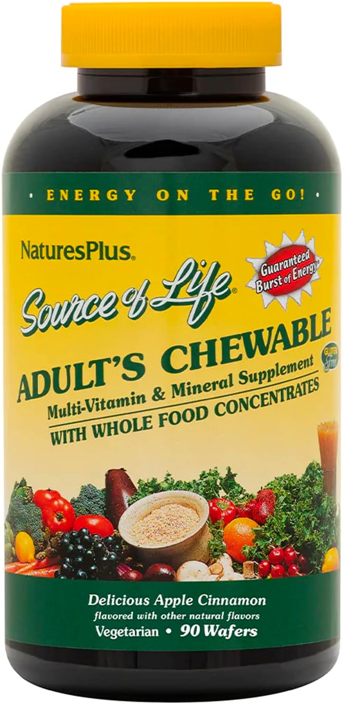 Natures Plus Source of Life Adult Chewable Multivitamin - 90 Vegetarian Wafers - Apple Cinnamon Flavor - Whole Foods Supplement for Health and Energy - Gluten-Free - 45 Servings