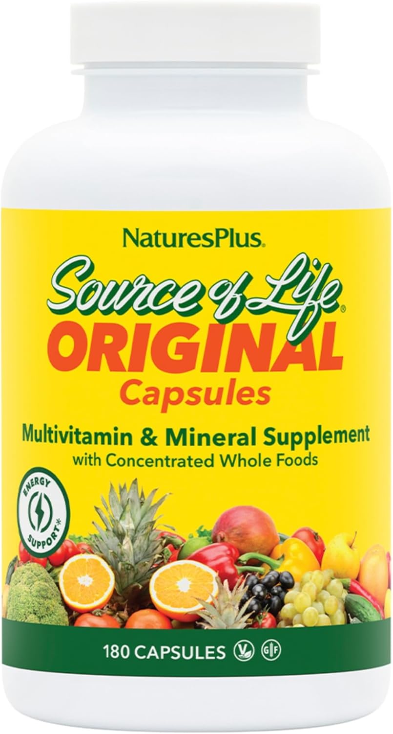Natures Plus Source of Life Capsules: Multivitamin & Mineral Supplement for Energy & Well-Being - 180 Capsules, Gluten-Free, Vegetarian - 60 Servings