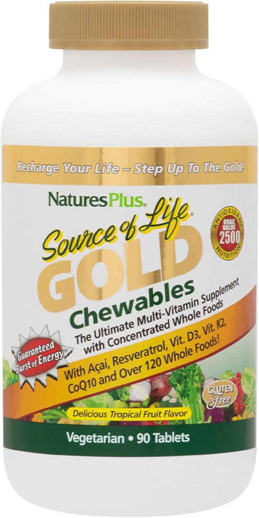 Natures Plus Source of Life Gold Chewables - Tropical Fruit Flavor - 90 Vegetarian Tablets - Whole Food Multivitamin Supplement