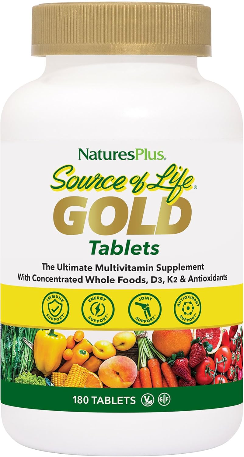 Natures Plus Source of Life Gold Multivitamin - 180 Tablets with Vitamin D3 & B12 for Blood, Bone, and Immune Support - Vegetarian & Gluten Free - 60 Servings