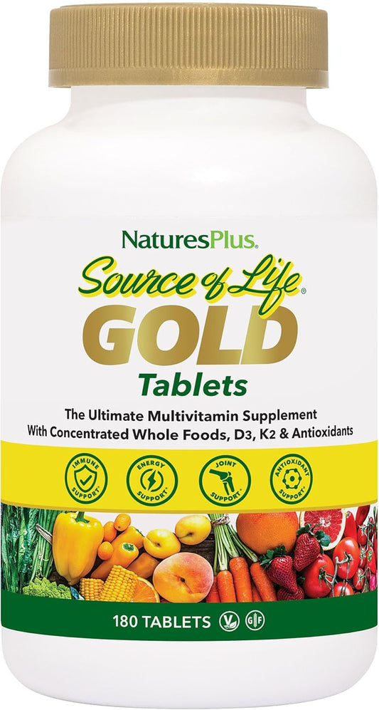Natures Plus Source of Life Gold Multivitamin - 180 Tablets - Vitamin D3 & B12 - Supports Blood, Bone, & Immunity - Vegetarian & Gluten-Free - 60 Servings