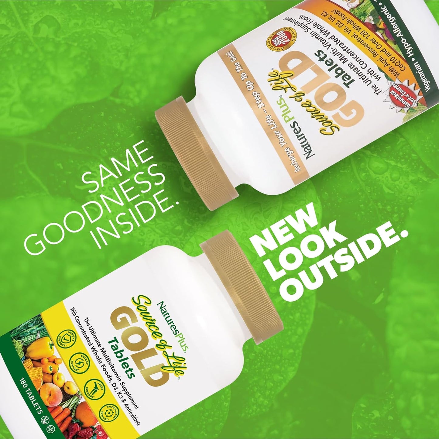 Natures Plus Source of Life Gold Multivitamin - 180 Tablets with Vitamin D3 & B12 for Blood, Bone, and Immune Support - Vegetarian & Gluten Free - 60 Servings