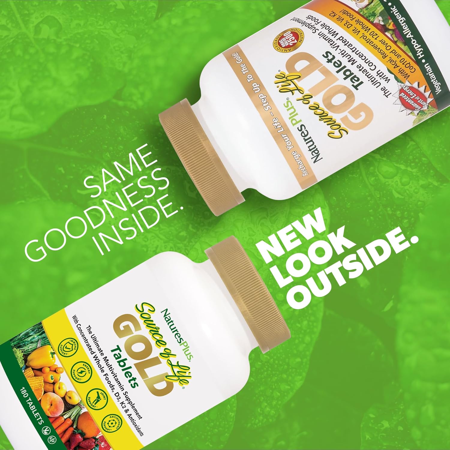 Natures Plus Source of Life Gold Multivitamin - 180 Tablets with Vitamin D3 & B12 for Blood, Bone, and Immune Support - Vegetarian & Gluten Free - 60 Servings