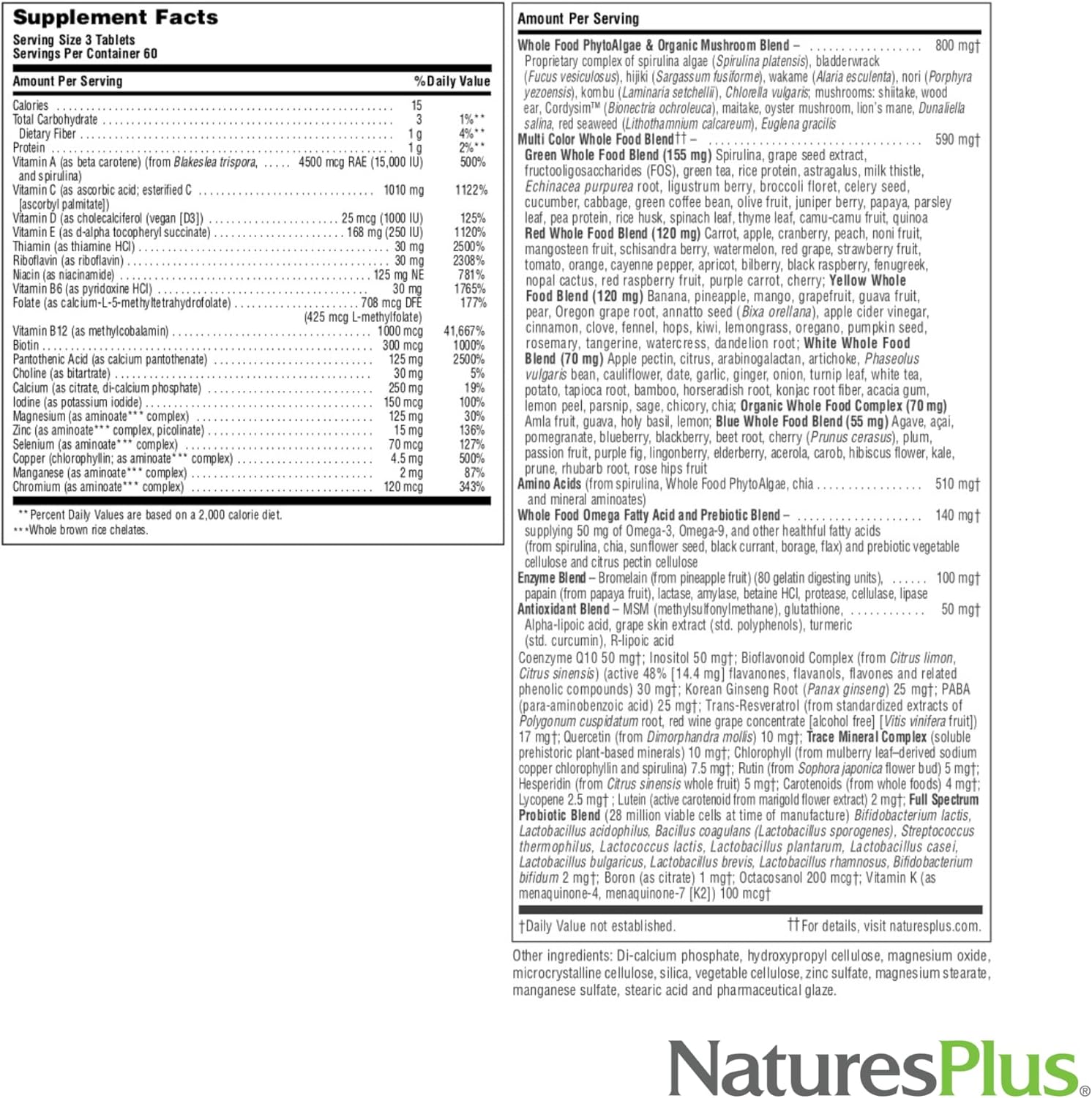 Natures Plus Source of Life Gold Multivitamin - 180 Tablets with Vitamin D3 & B12 for Blood, Bone, and Immune Support - Vegetarian & Gluten Free - 60 Servings