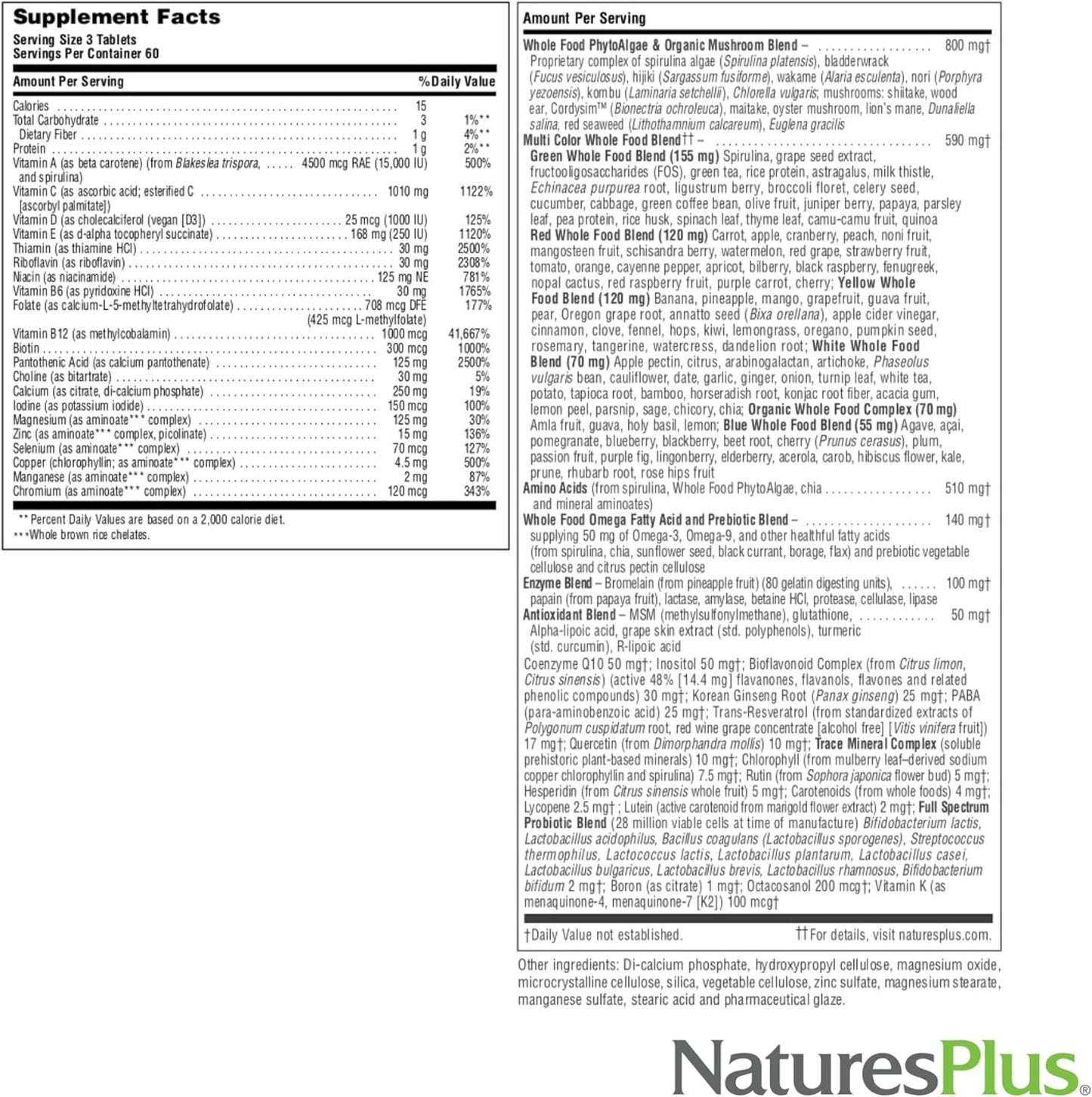 Natures Plus Source of Life Gold Multivitamin - 180 Tablets - Vitamin D3 & B12 - Supports Blood, Bone, & Immunity - Vegetarian & Gluten-Free - 60 Servings