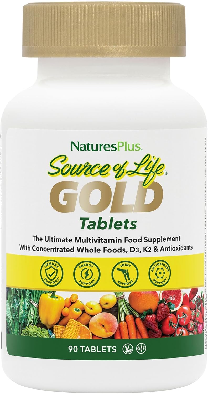 Natures Plus Source of Life Gold Multivitamin - 90 Tablets - Vitamins D3, B12 & K2 - Supports Blood, Bone & Immune Health - Vegetarian & Gluten-Free - 30 Servings