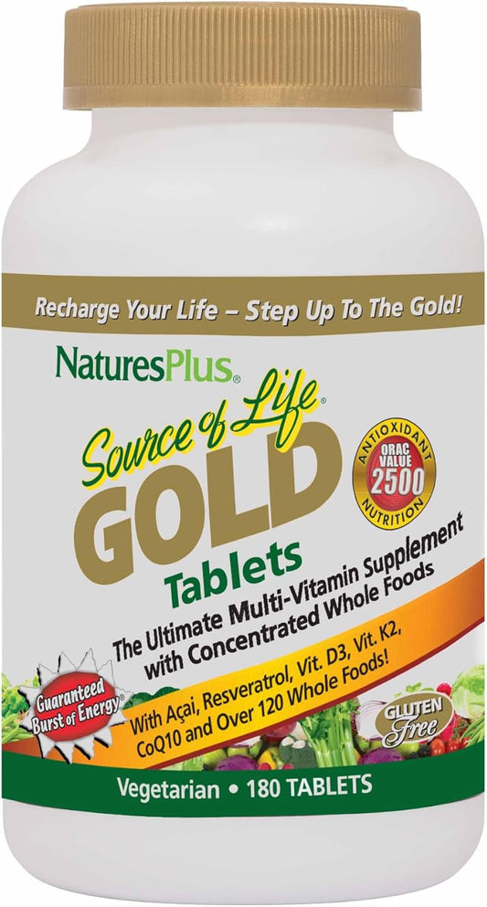 Natures Plus Source of Life Gold Multivitamin 180 Tablets - Blood & Bone Support - Vitamins D3, B12, K2 - 120+ Whole Food Nutrients - 60 Servings