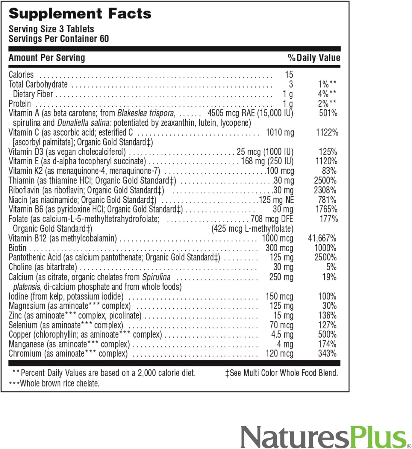 Natures Plus Source of Life Gold Multivitamin 180 Tablets - Blood & Bone Support - Vitamins D3, B12, K2 - 120+ Whole Food Nutrients - 60 Servings