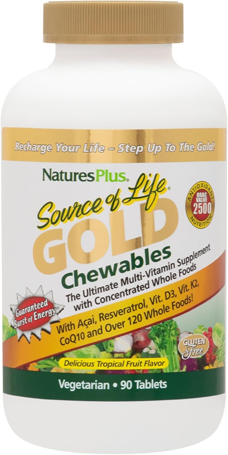 Natures Plus Source of Life Gold Multivitamin Chewable Tablets - 90 Count, Pack of 2 - 120+ Whole Foods, Vitamins D3, B12, K2 - Blood, Bone & Immune Support - Gluten Free - 30 Servings