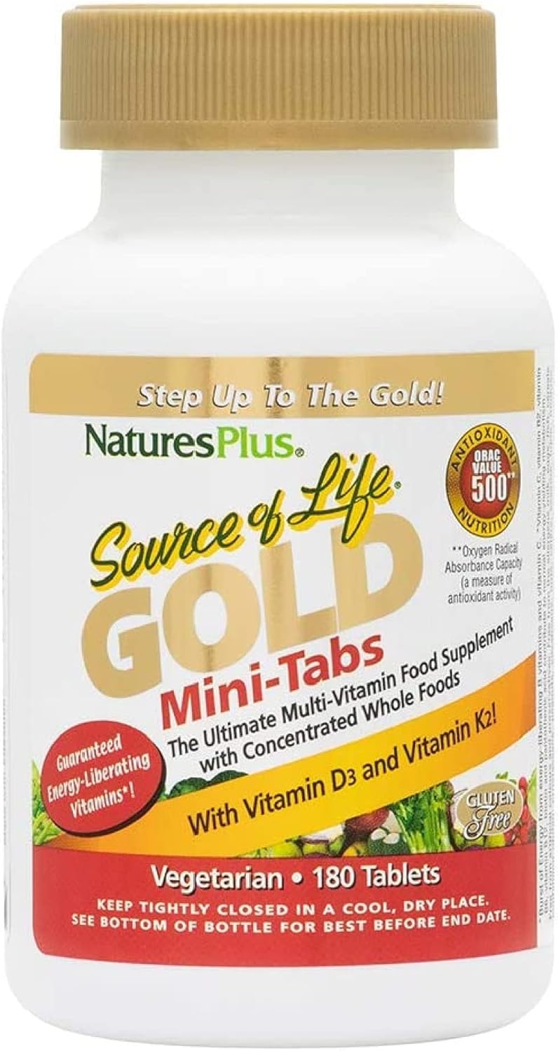 Natures Plus Source of Life Gold Multivitamin Mini-Tabs - 180 Count - Supports Blood, Bone, and Immune Health - Vegetarian and Gluten-Free - 30 Day Supply