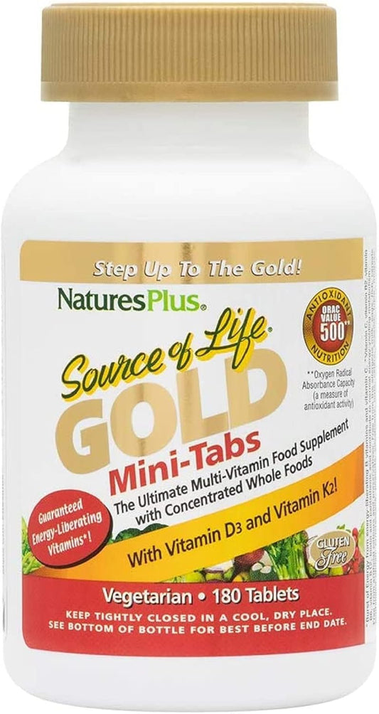 Natures Plus Source of Life Gold Multivitamin Mini-Tabs - 180 Count - Supports Blood, Bone, and Immune Health - Vegetarian and Gluten-Free - 30 Day Supply