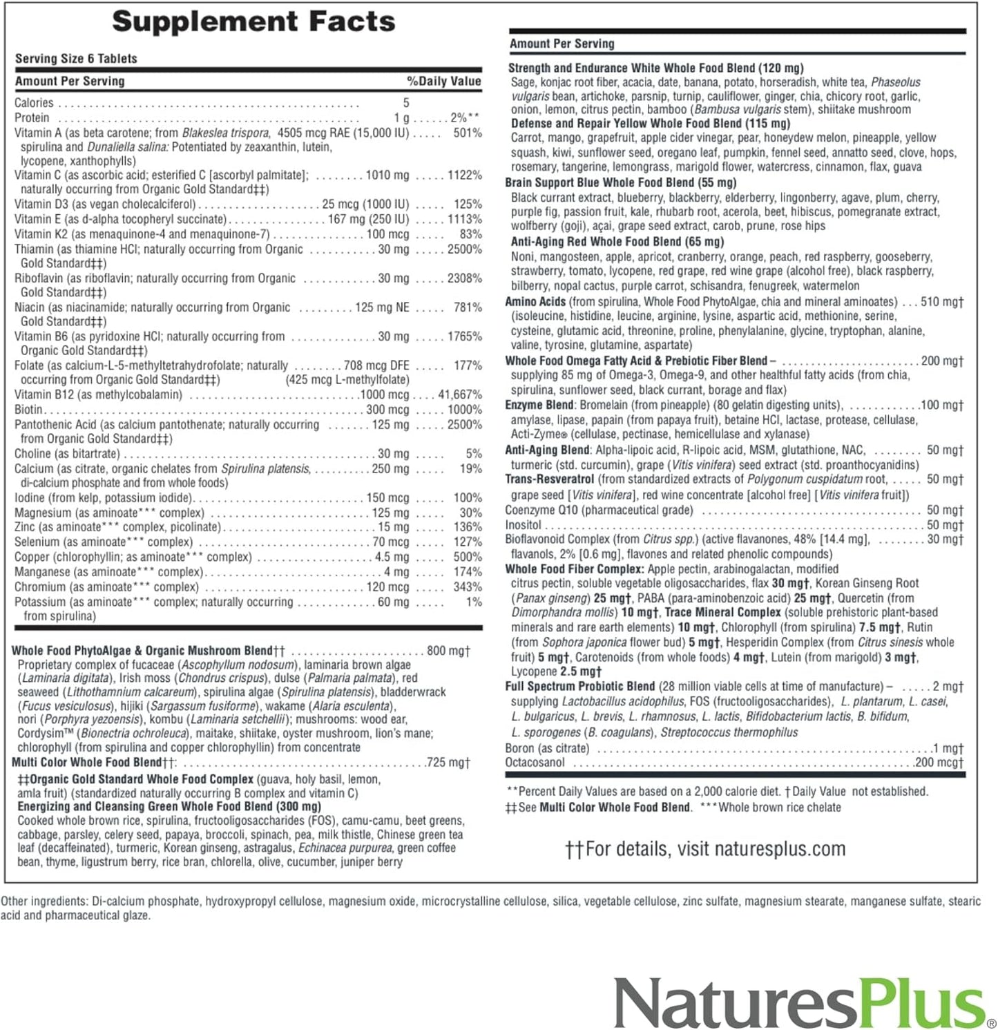 Natures Plus Source of Life Gold Multivitamin Mini-Tabs - 180 Count - Supports Blood, Bone, and Immune Health - Vegetarian and Gluten-Free - 30 Day Supply