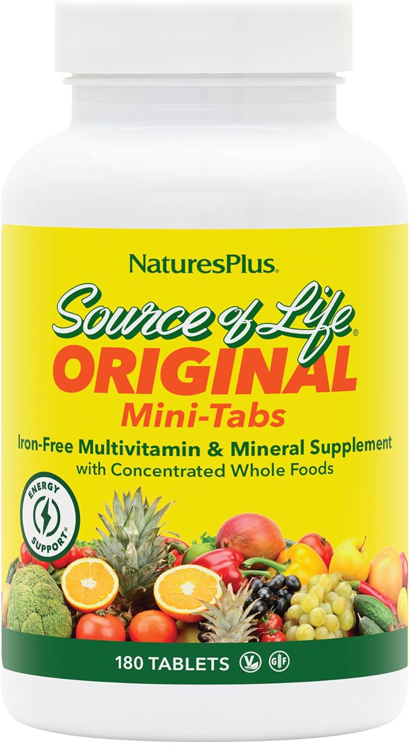 Natures Plus Source of Life Mini-Tabs No Iron - 180 Vegetarian Tablets - Natural Whole Food Multivitamin for Health & Energy - 30 Servings