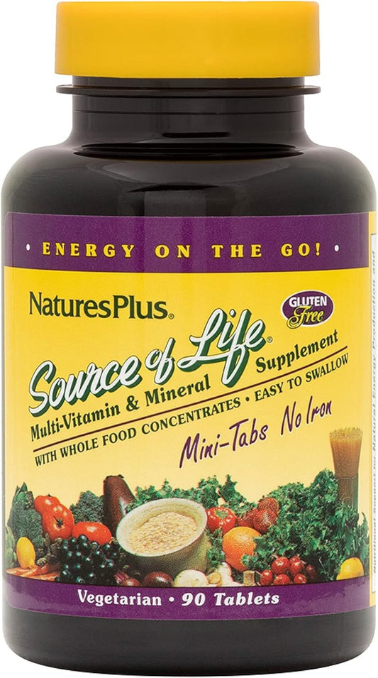 Natures Plus Source of Life Mini-Tabs No Iron - 90 Vegetarian Mini Tablets - Natural Whole Food Multivitamin for Health & Energy - 15 Servings
