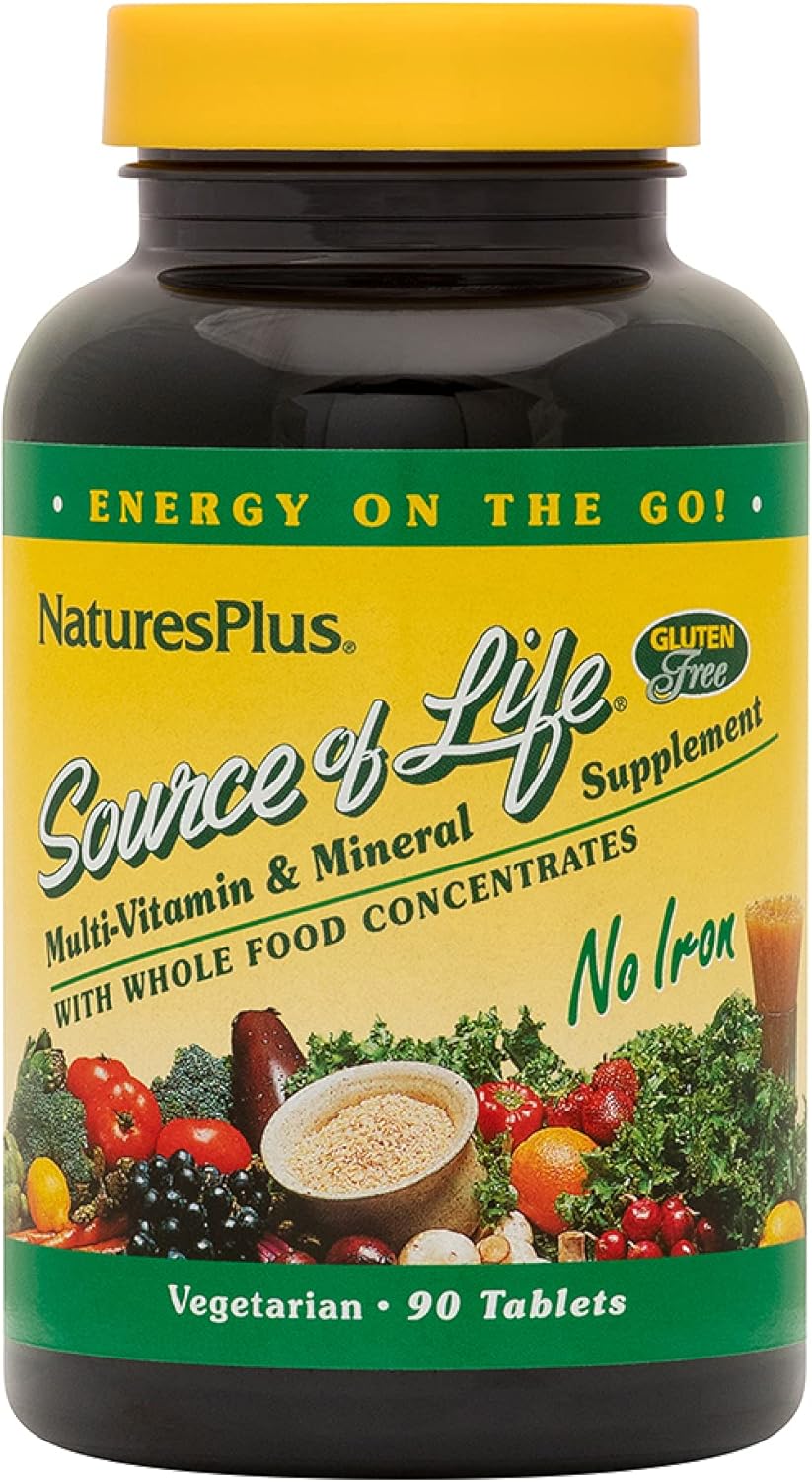 Natures Plus Source of Life No Iron Vegetarian Tablets - 90 Count - Whole Food Multivitamin & Mineral Supplement for Energy & Immunity - Gluten-Free - 30 Servings