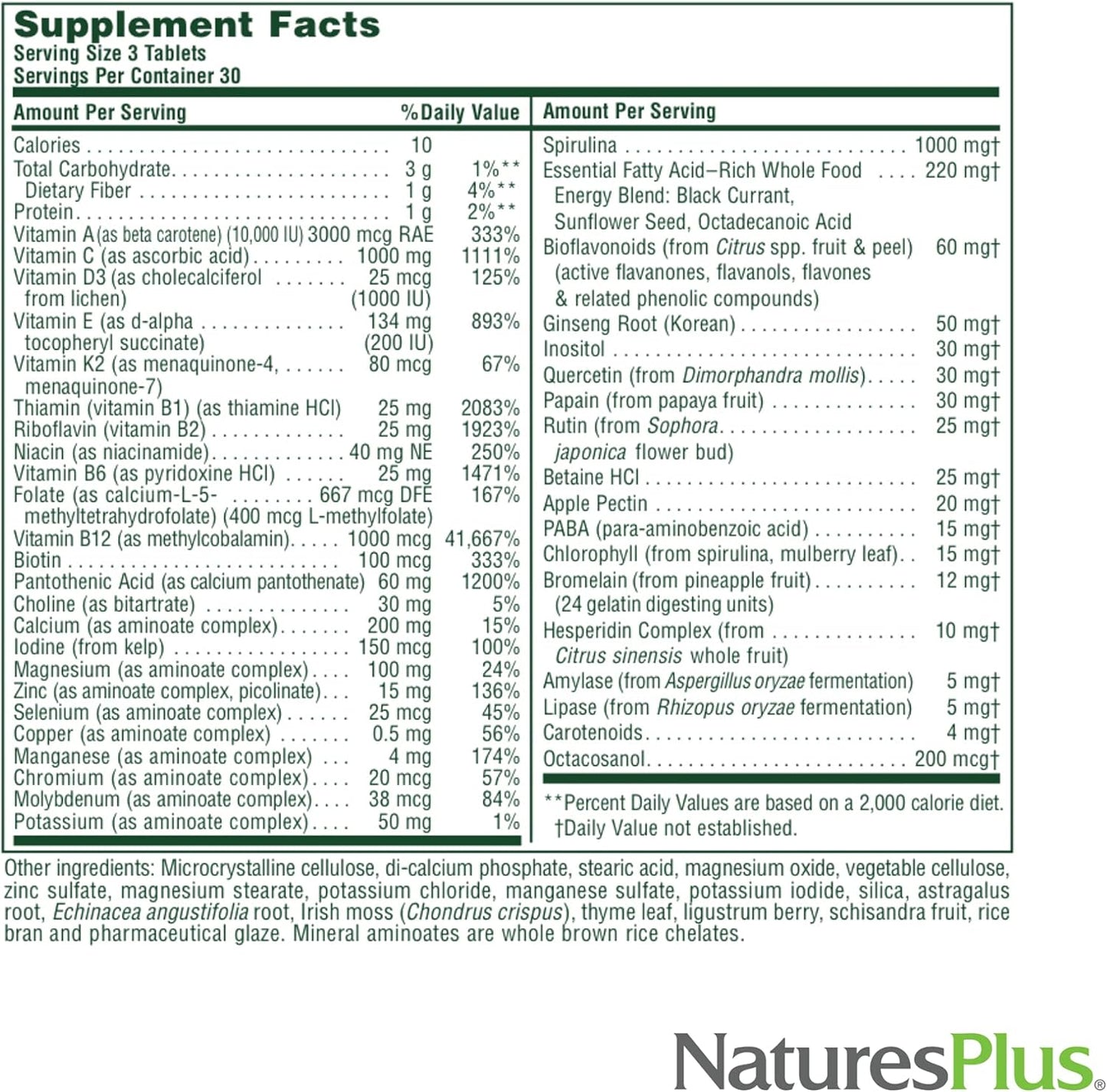 Natures Plus Source of Life No Iron Vegetarian Tablets - 90 Count - Whole Food Multivitamin & Mineral Supplement for Energy & Immunity - Gluten-Free - 30 Servings