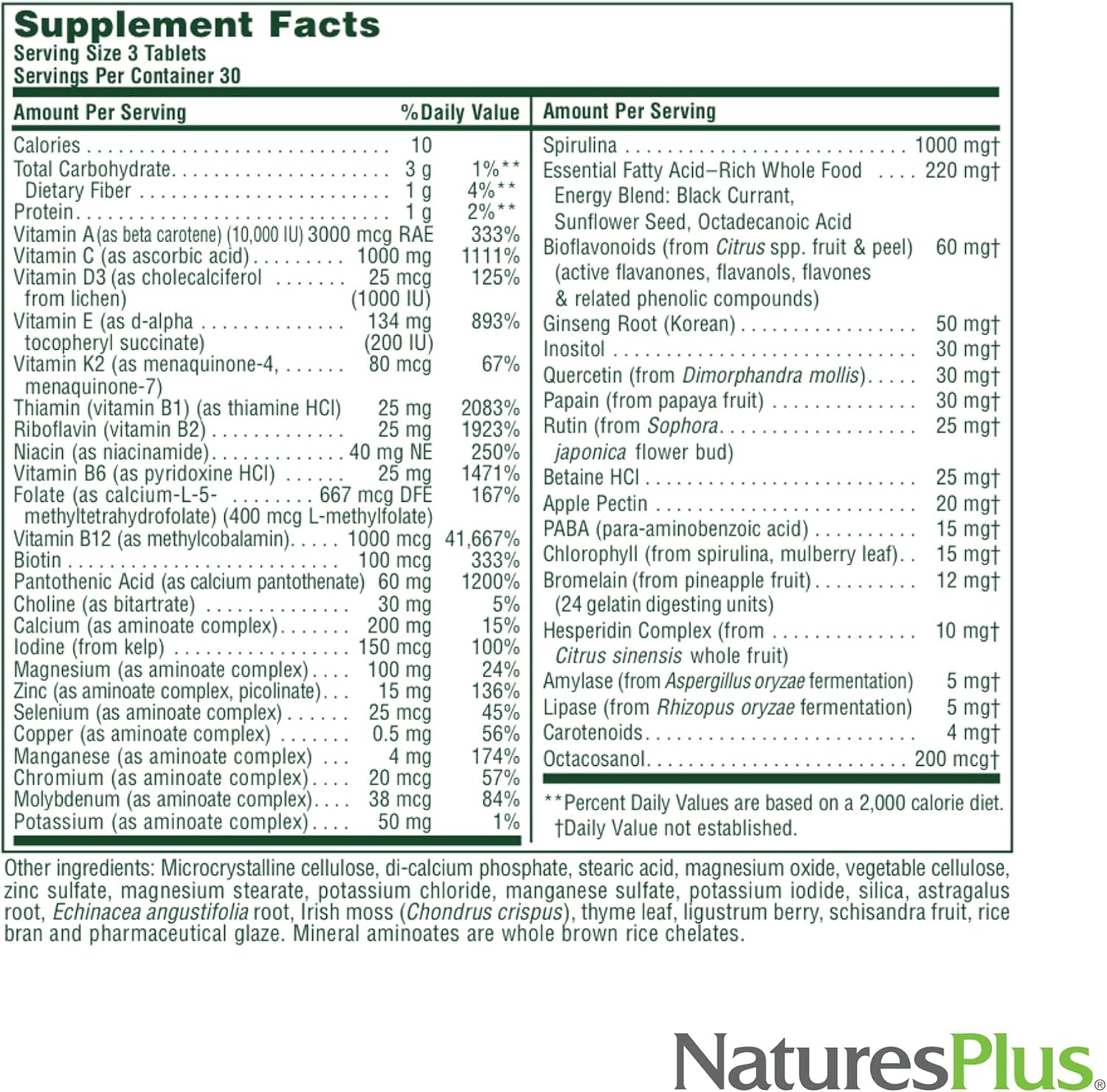 Natures Plus Source of Life No Iron Vegetarian Tablets - 90 Count - Whole Food Multivitamin & Mineral Supplement for Energy & Immunity - Gluten-Free - 30 Servings