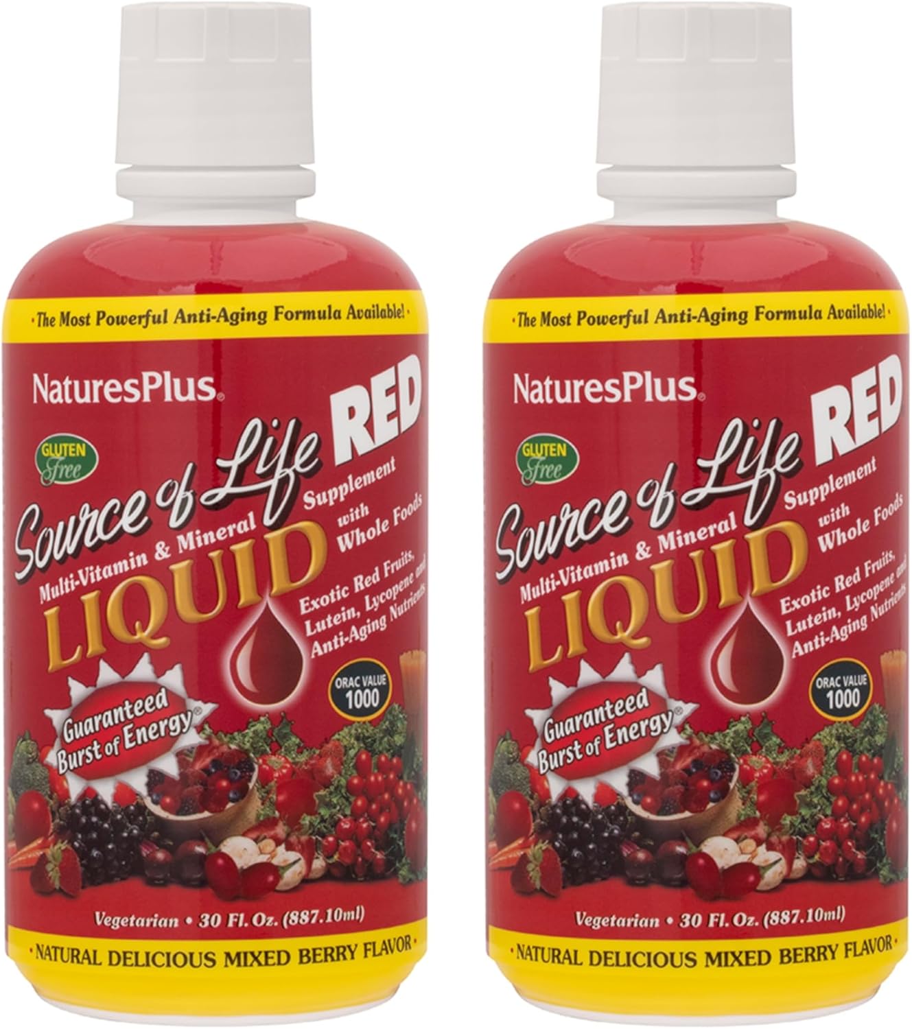 Natures Plus Source of Life RED Multivitamin Liquid - 30 oz, Pack of 2 - Energy & Immune Support - Exotic Red Fruits, Lycopene, Lutein - Vegetarian & Gluten Free - 60 Servings