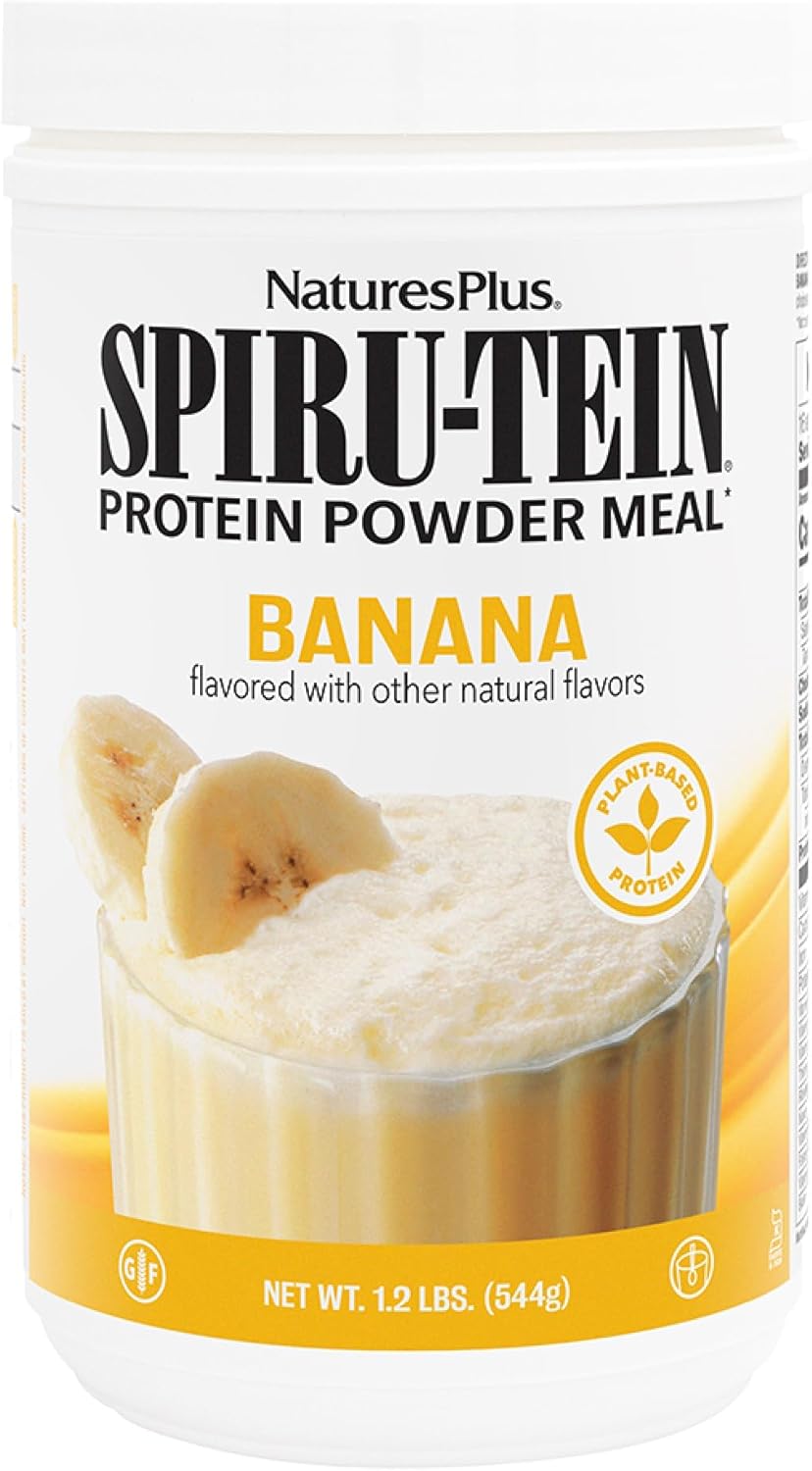 Natures Plus SPIRU-TEIN Banana Shake - 1.2 lbs Spirulina Protein Powder - Plant Based Meal Replacement with Vitamins & Minerals - Vegetarian, Gluten-Free - 16 Servings