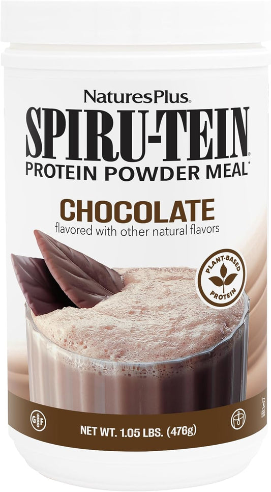 Natures Plus SPIRU-TEIN Chocolate Plant-Based Protein Shake 1.05 lb - Non-GMO, Vegetarian, Gluten Free - 17 Servings