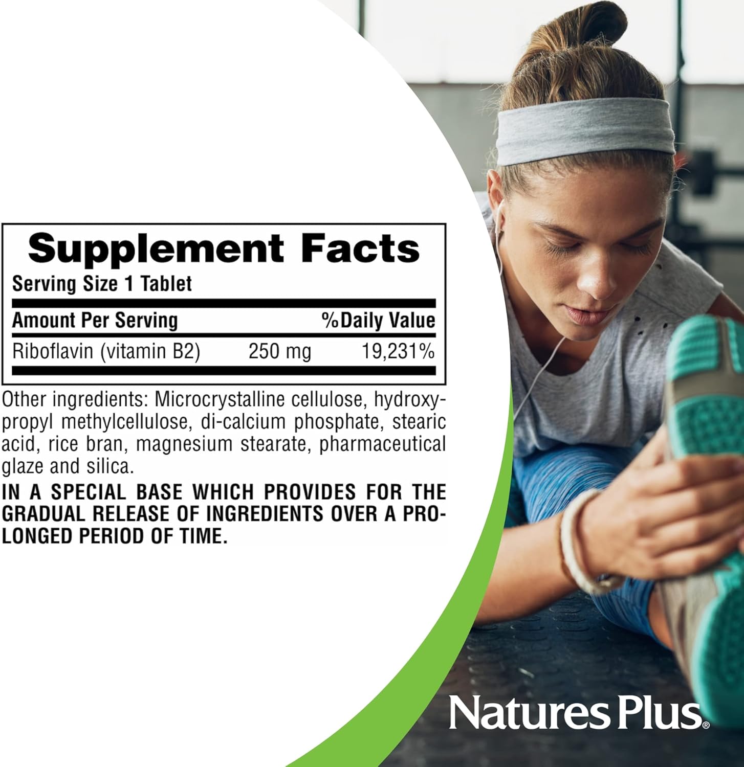 Natures Plus Vitamin B2 (Riboflavin) 250mg Sustained Release Tablets - Natural Energy Booster, Metabolism Support - Vegetarian, Gluten-Free - 60 Servings