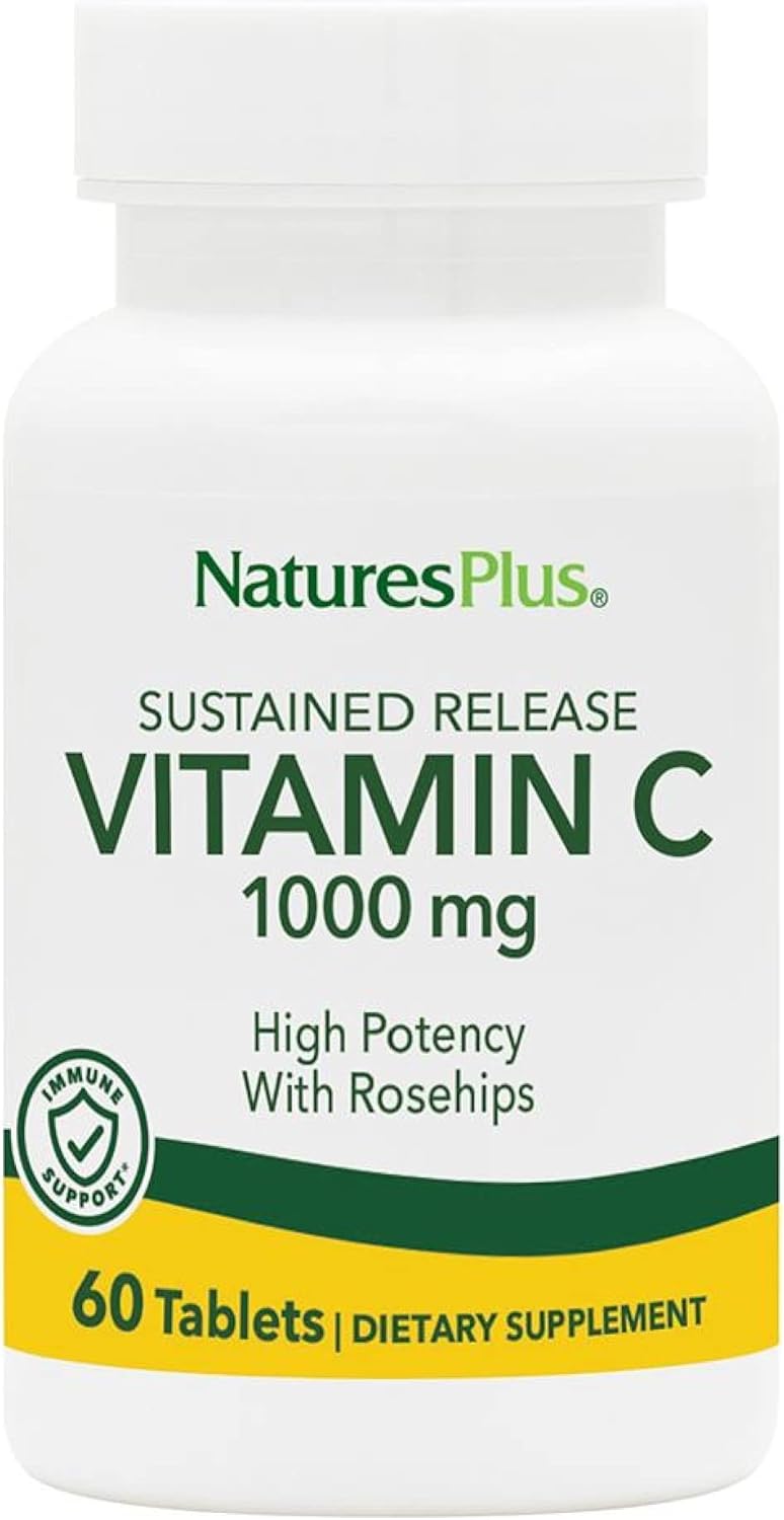 Natures Plus Vitamin C with Rose HIPS, 1000mg Sustained Release - 60 Vegetarian Tablets, Gluten-Free, 60 Servings