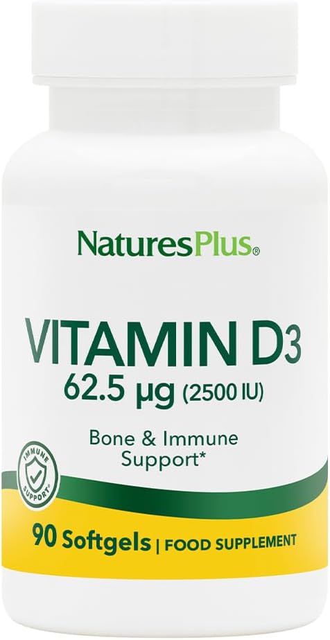 Natures Plus Vitamin D3 Softgels - 2500 iu, 90 Count - Bone, Heart & Immune Support - Gluten-Free - 90 Servings