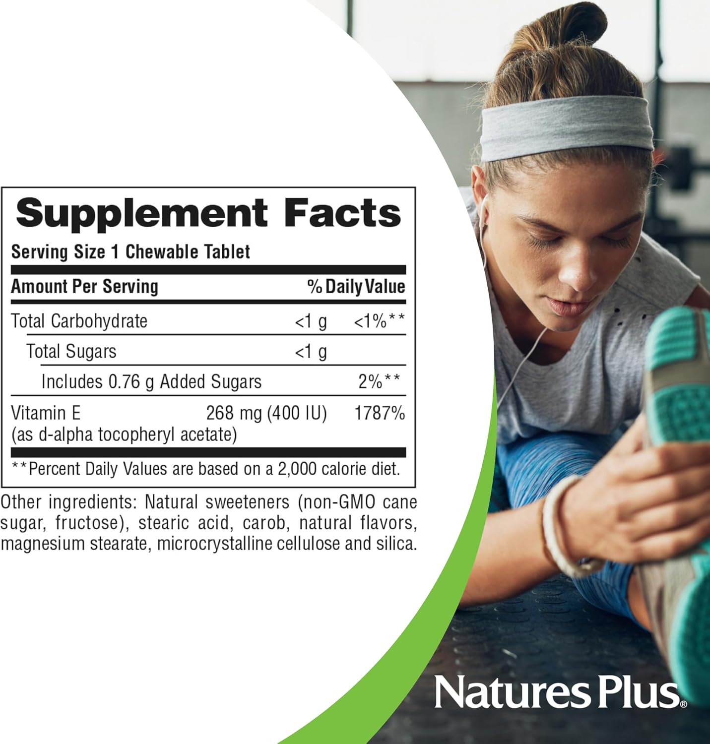 Natures Plus Vitamin E Chewable Tablets - Natural Carob Flavor, Pack of 2 - Free-Radical Defense & Well-Being - Vegetarian & Gluten Free - 180 Servings