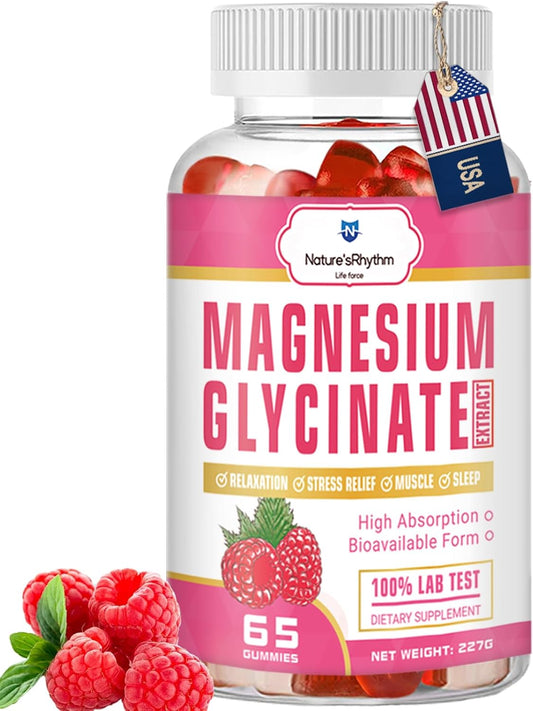 Nature's Rhythm Magnesium Gummies 500mg - 65 Ct | Raspberry Flavored Magnesium Glycinate Supplements for Relaxation, Stress Relief, and Sleep