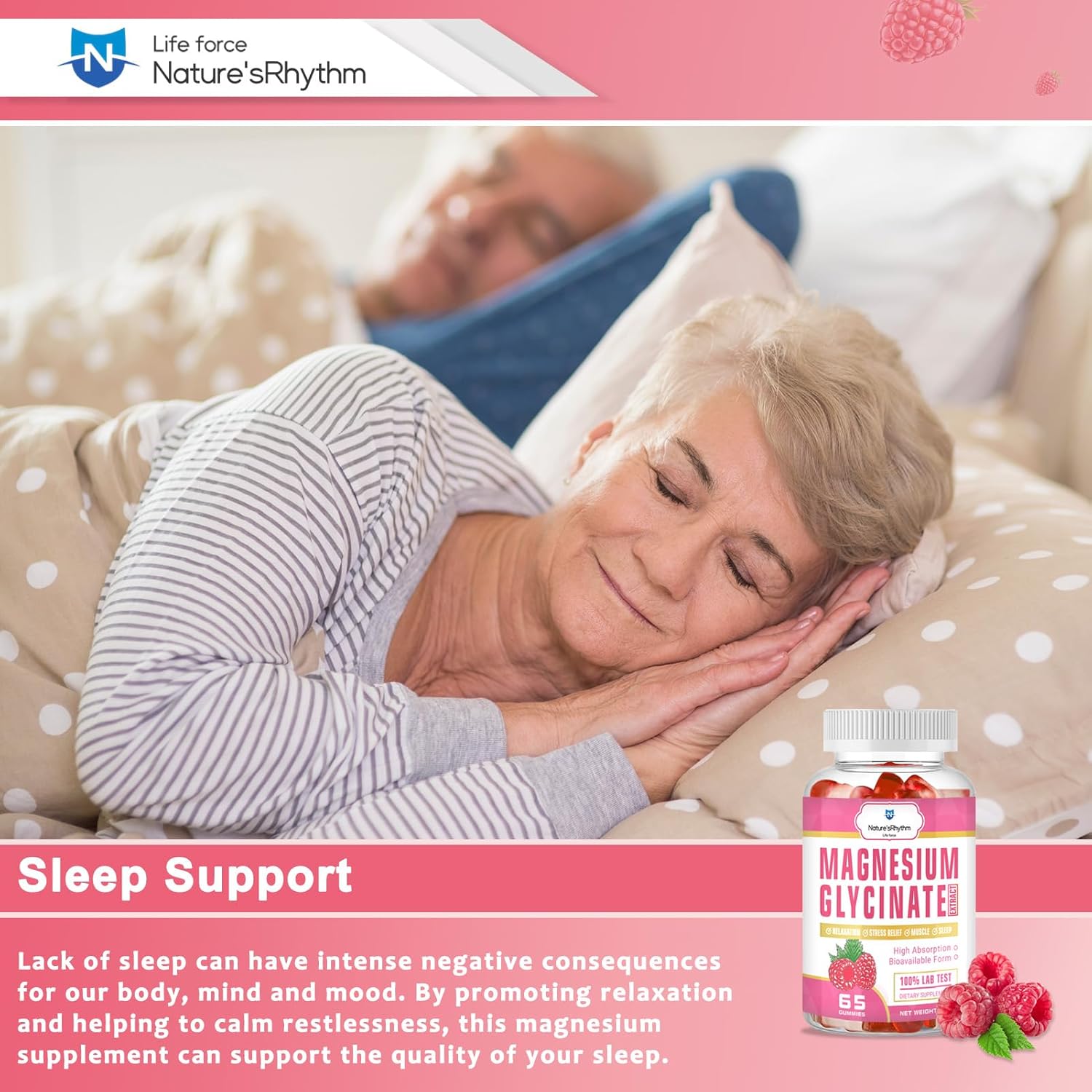 Nature's Rhythm Magnesium Gummies 500mg - 65 Ct | Raspberry Flavored Magnesium Glycinate Supplements for Relaxation, Stress Relief, and Sleep