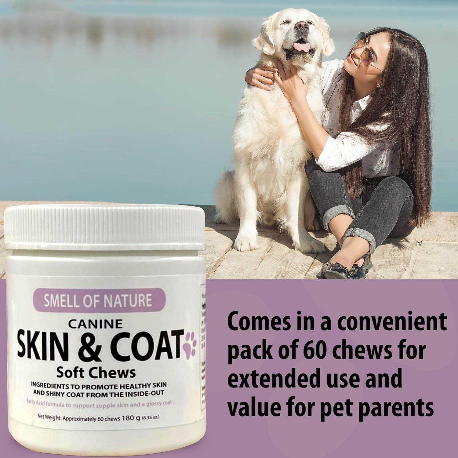 Nature's Scent Dog Skin & Coat Chewable Supplement - Omega Fatty Acids & Vitamins for Healthy Skin & Coat - All Ages & Breeds - 60 Chews