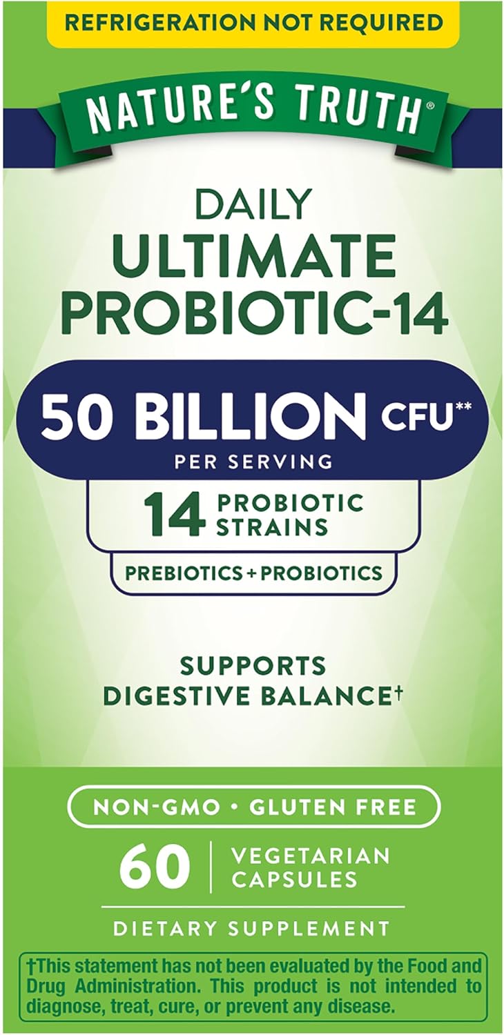 Nature's Truth Probiotic 50 Billion CFU | 200mg Prebiotics | 60 Capsules | Vegetarian, Non GMO & Gluten Free Supplement for Men and Women | Supports Digestive Health