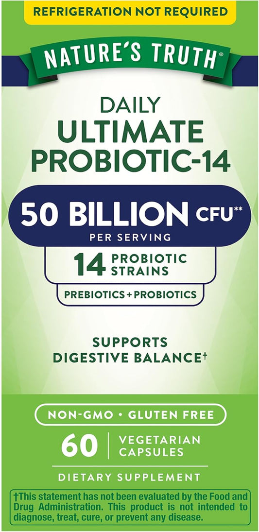 Nature's Truth Probiotic 50 Billion CFU | 200mg Prebiotics | 60 Capsules | Vegetarian, Non GMO & Gluten Free Supplement for Men and Women | Supports Digestive Health