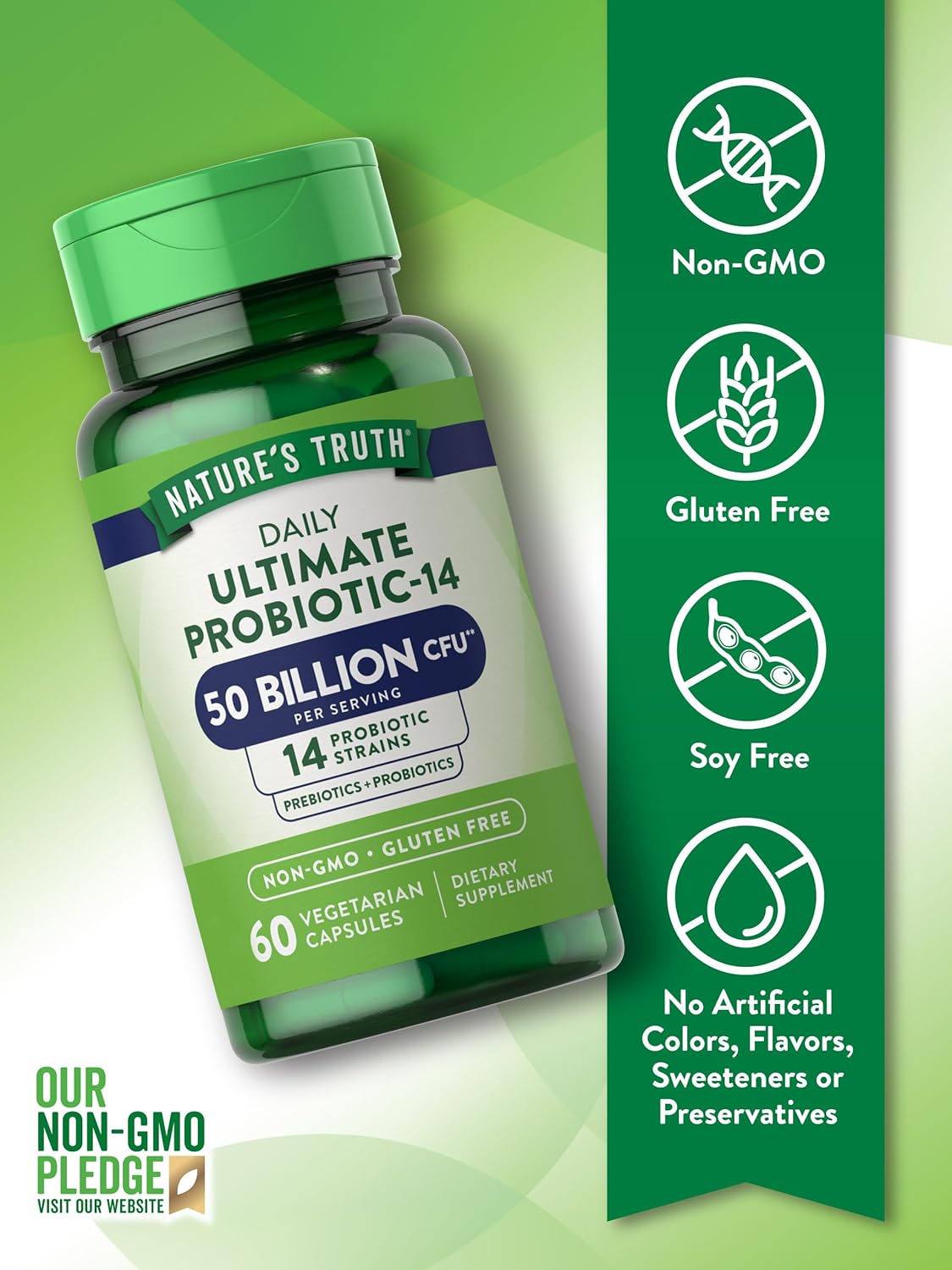 Nature's Truth Probiotic 50 Billion CFU | 200mg Prebiotics | 60 Capsules | Vegetarian, Non GMO & Gluten Free Supplement for Men and Women | Supports Digestive Health