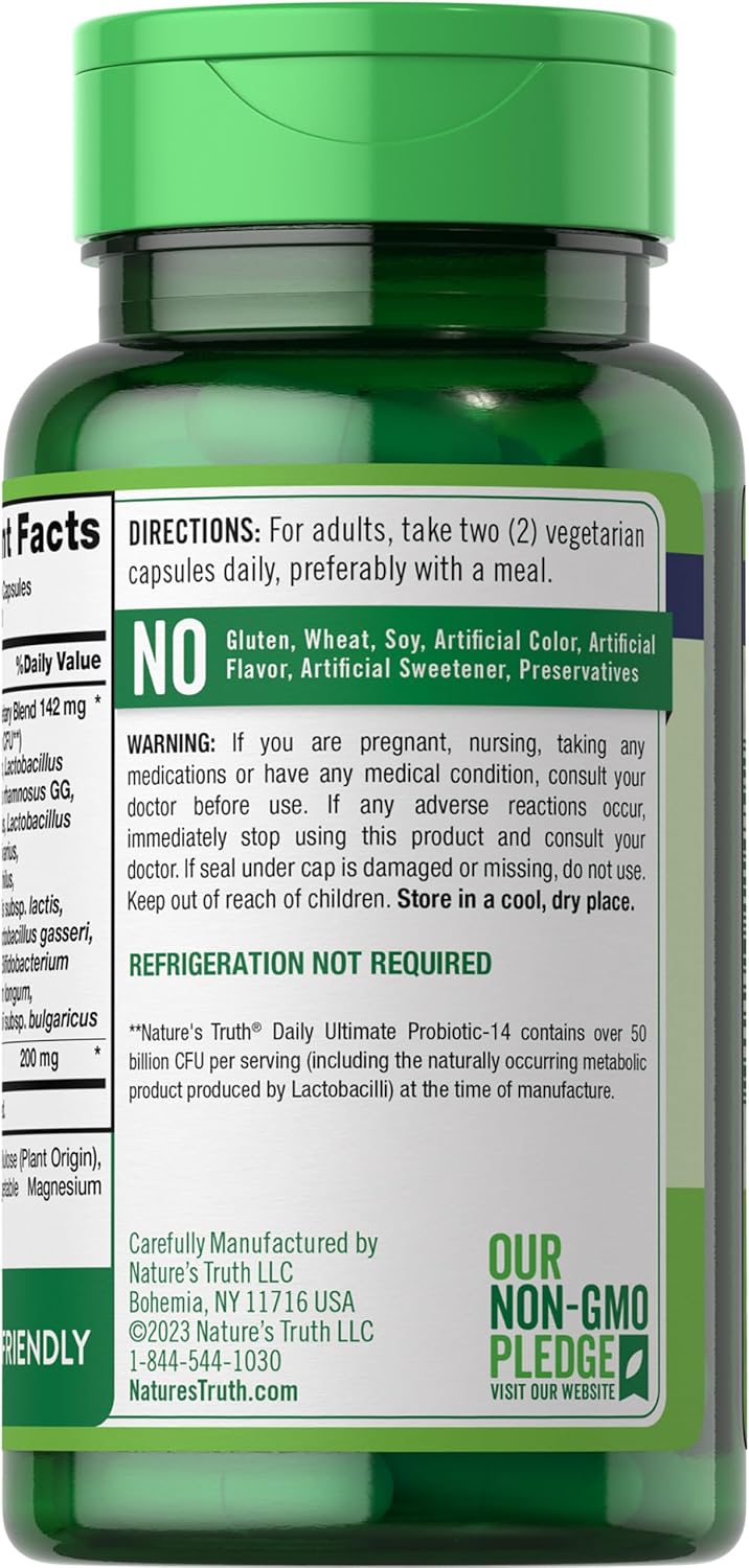 Nature's Truth Probiotic 50 Billion CFU | 200mg Prebiotics | 60 Capsules | Vegetarian, Non GMO & Gluten Free Supplement for Men and Women | Supports Digestive Health